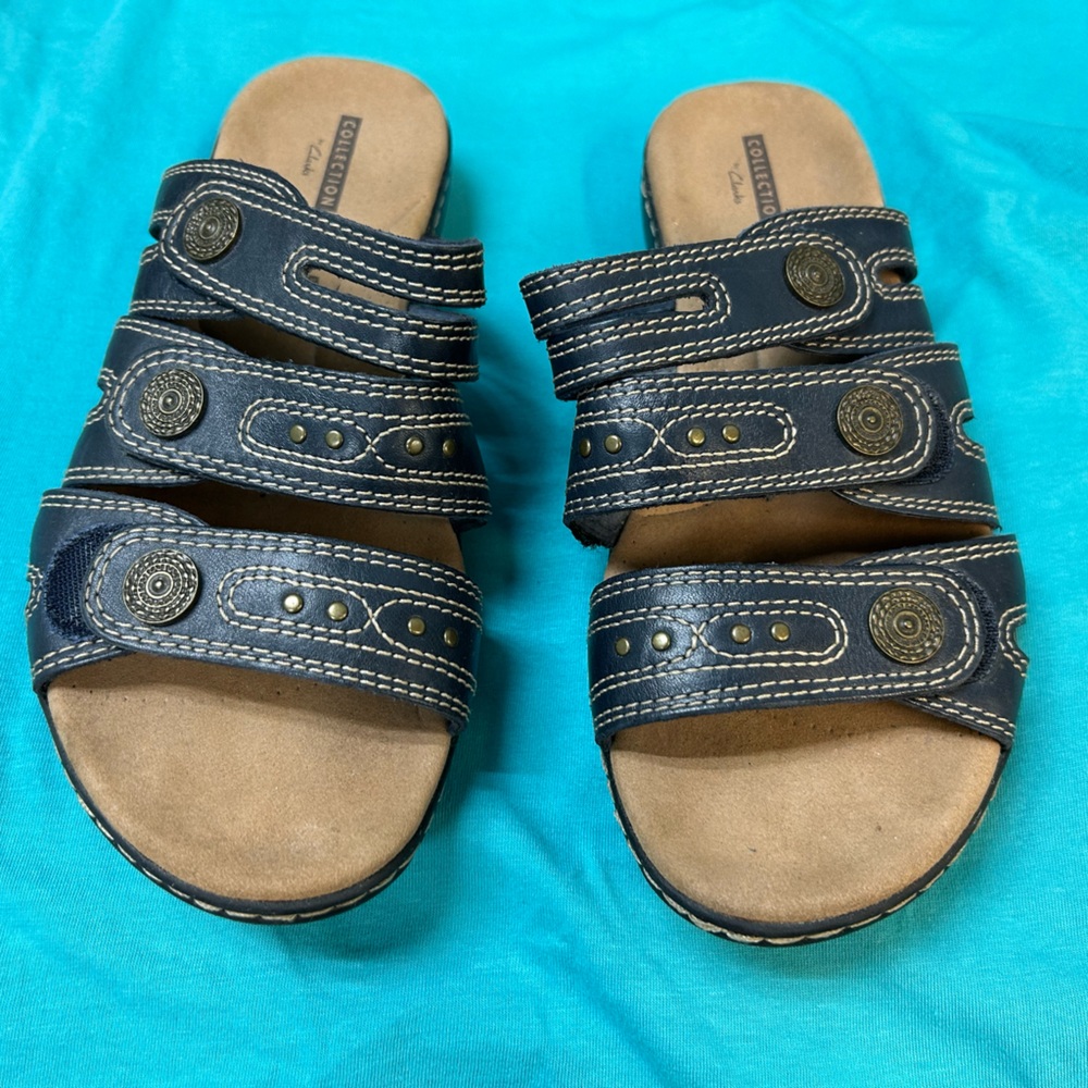 Clarks Collection Navy Women's Slip on Sandals with Stitch Detail